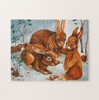 Rabbits Sitting In Snow Bunny Jigsaw Puzzle, Autism Toys For Kids, Adults
