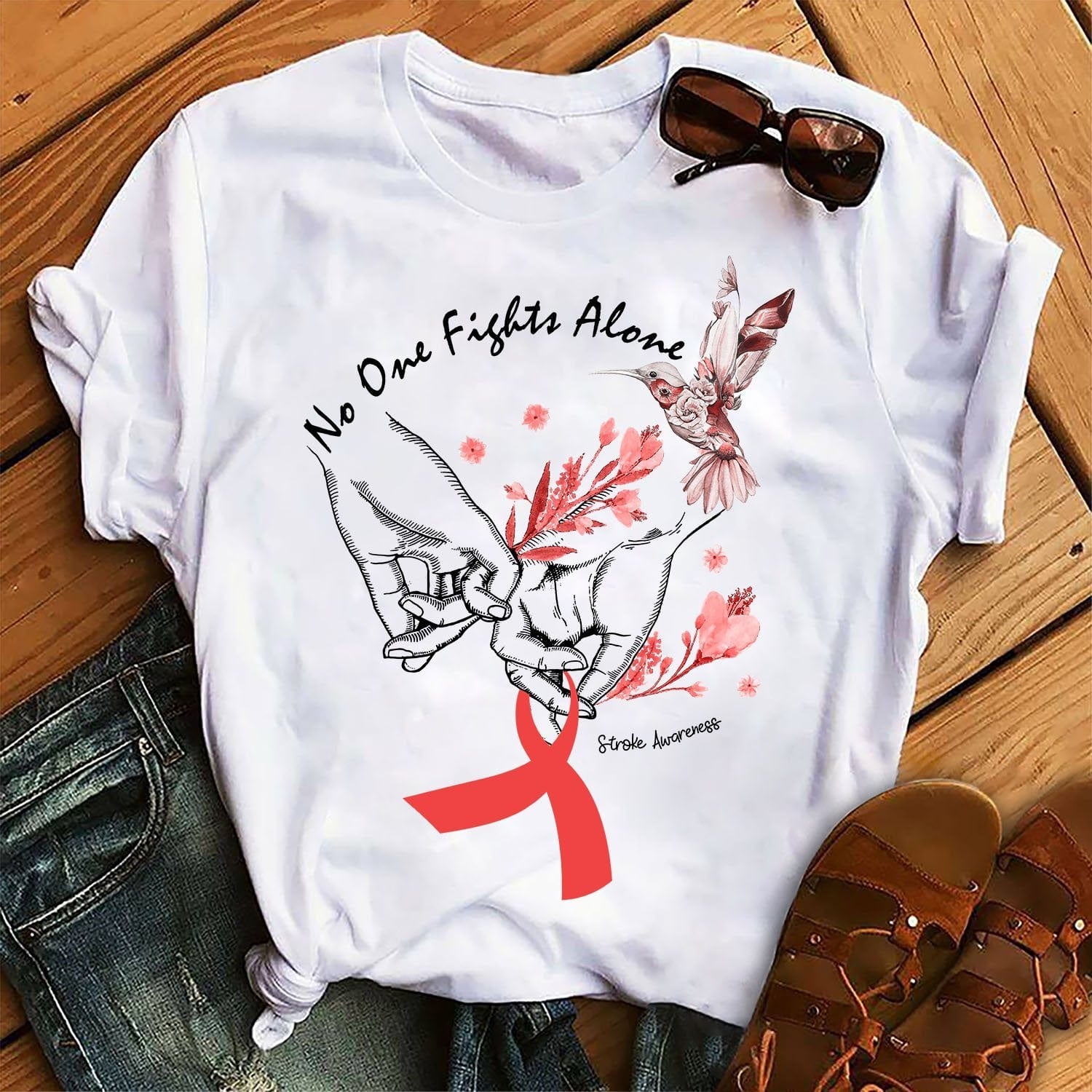 Hand In Hand Hummingbird In This Family No One Fights Alone Stroke Awareness Shirt
