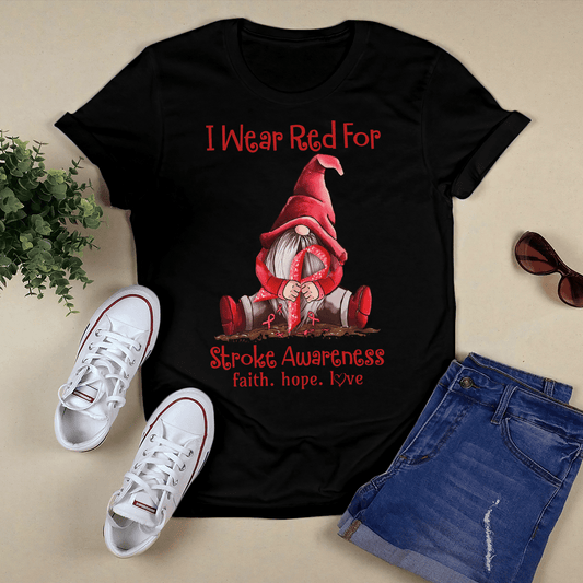 Camiseta de gnomos que uso rojo para concientizar sobre los accidentes cerebrovasculares, fe, esperanza y amor