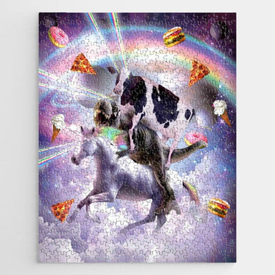 Laser Eyes Space Cow On Dinosaur Unicorn Rainbow Jigsaw Puzzle, Autism Toys For Kids, Adults, Whimsical Jigsaw Puzzle