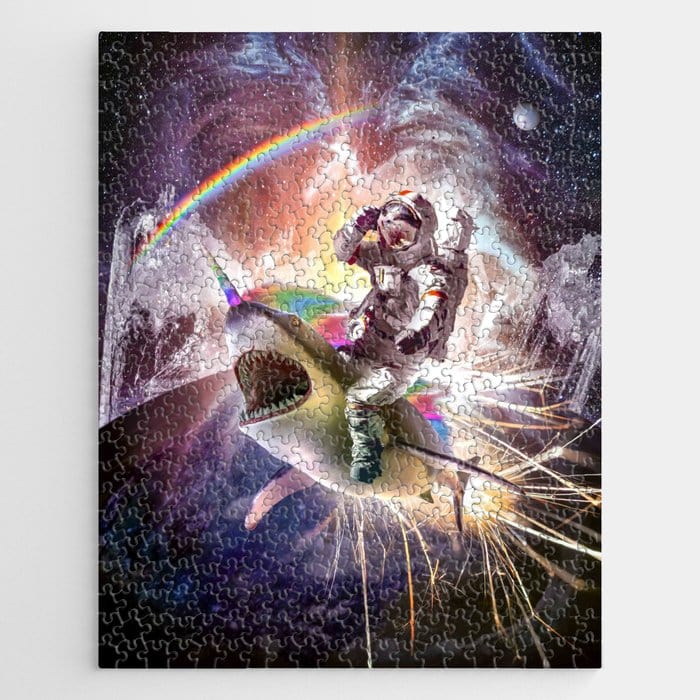 Galaxy Astronaut Cat Riding Rainbow Shark Unicorn Jigsaw Puzzle, Autism Toys For Kids, Adults, Whimsical Jigsaw Puzzle