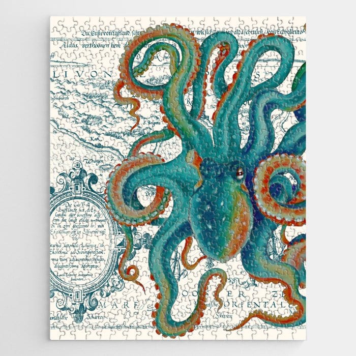 Teal Octopus Vintage Map Watercolor Jigsaw Puzzle, Autism Toys For Kids, Adults, Whimsical Jigsaw Puzzle