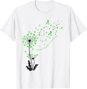 Camiseta de concienciación sobre la salud mental con lazo verde y corazón de diente de león