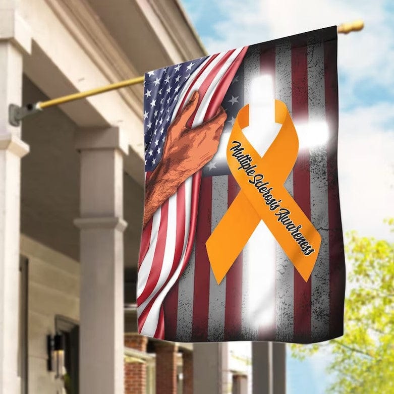 Bandera de Estados Unidos con lazo naranja y cruz para concientizar sobre la esclerosis múltiple Bandera para casa y jardín