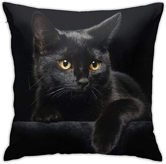 Lindo gato negro con ojos amarillos almohada