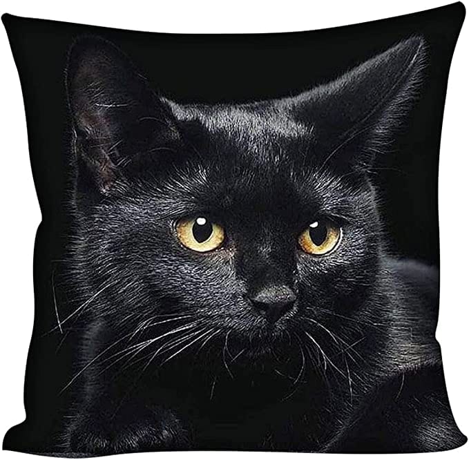 Almohada personalizada con foto de gato negro y ojos amarillos