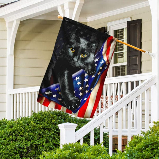 Bandera americana con diseño de gato negro para casa y jardín