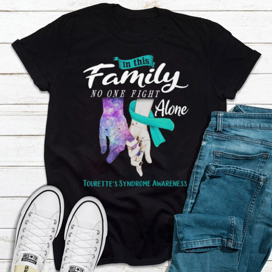 In This Family No One Fights Alone Teal Ribbon Hand Tourettes Syndrome Awareness Shirt