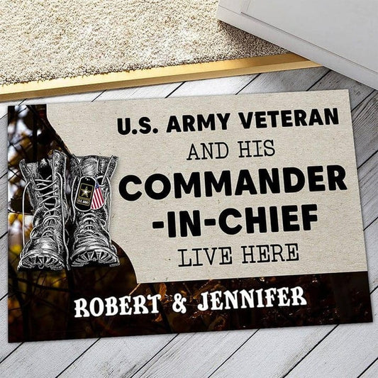Felpudo personalizado con tu nombre Veterano del ejército de EE. UU. y su comandante en jefe