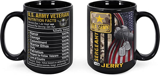 Taza personalizada con información nutricional de veterano del ejército de EE. UU.