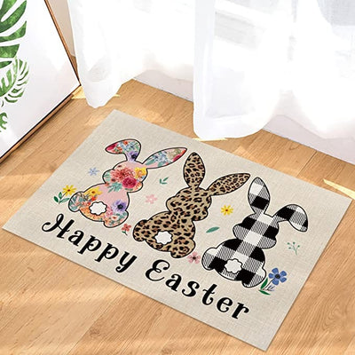 Happy Easter Fashion Leopard Plaid Flowers Bunny Back Welcome Doormat