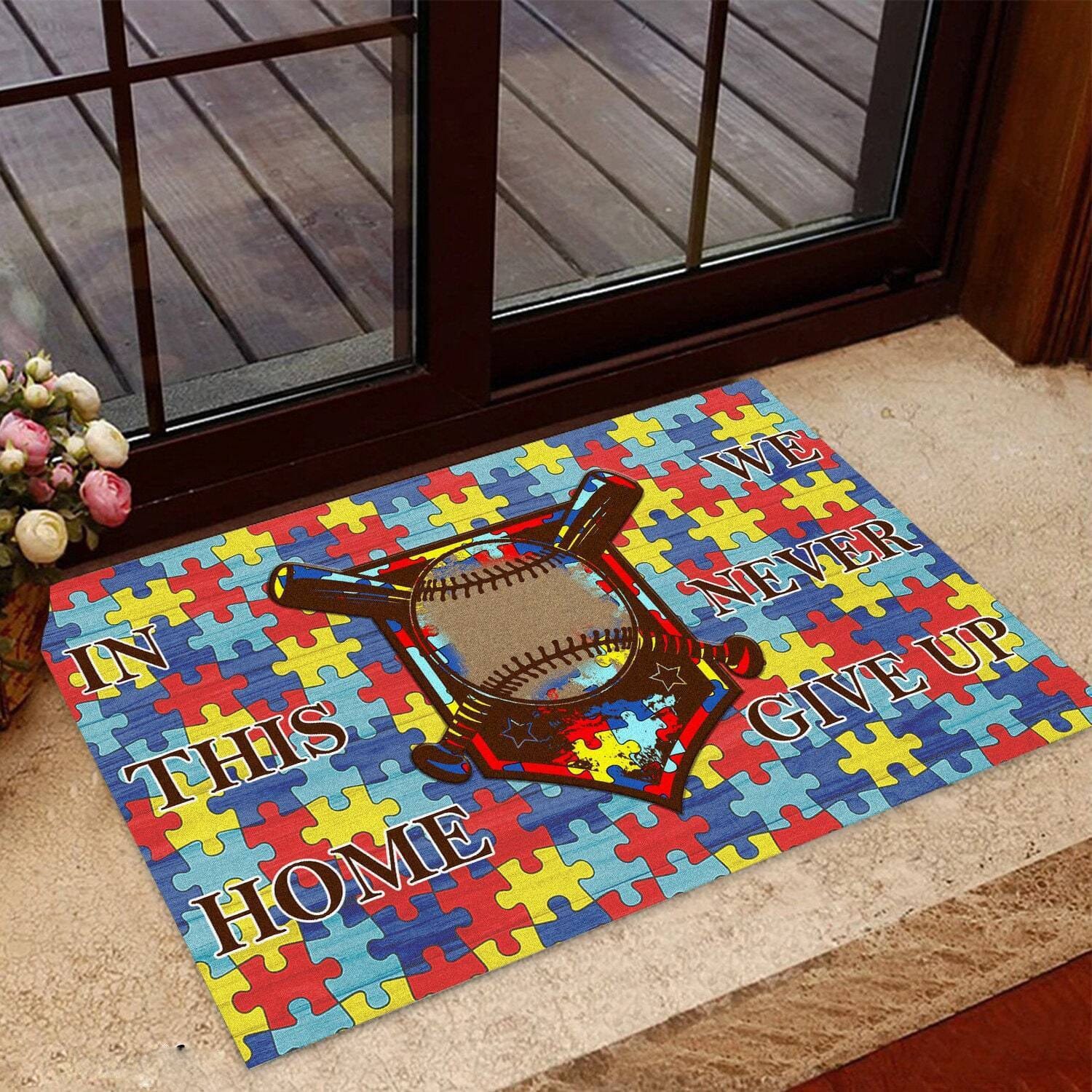 Autism Awareness In This Home Never Give Up Baseball Doormat