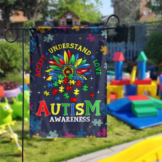 Bandera para casa y jardín de concienciación sobre el autismo: aceptar, comprender, amar