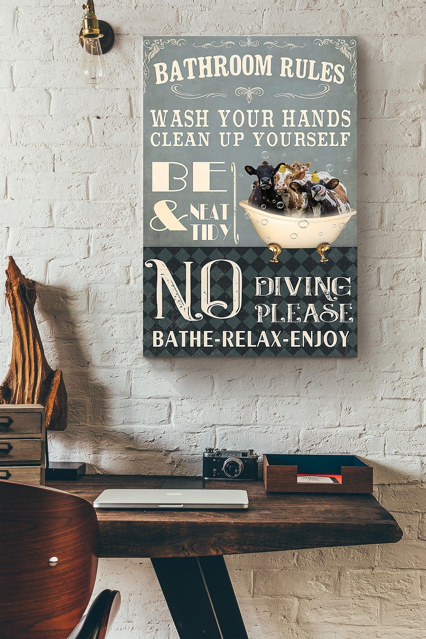 Bathroom Rules Funny Cow Poster, Canvas