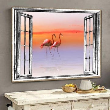 Póster de flamenco en 3D con vista desde una ventana, lienzo