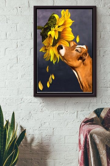 Cow With Sunflower Poster, Canvas