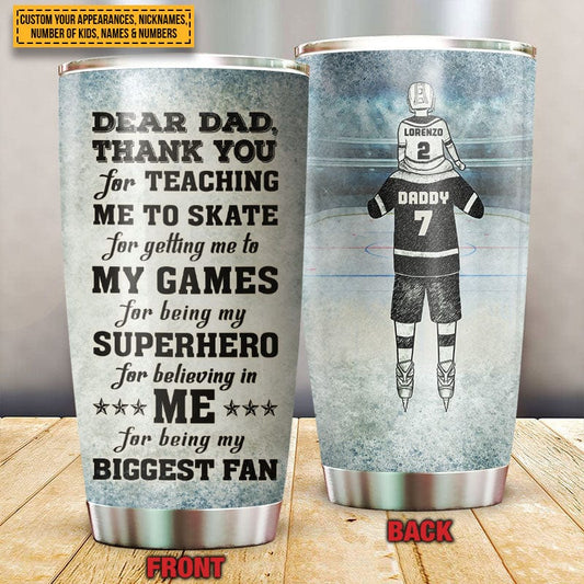 Vaso personalizado con texto en inglés "Querido papá, gracias por enseñarme a patinar sobre hielo" para papá e hijo