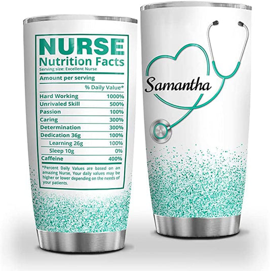 Vaso personalizado con información nutricional de enfermera