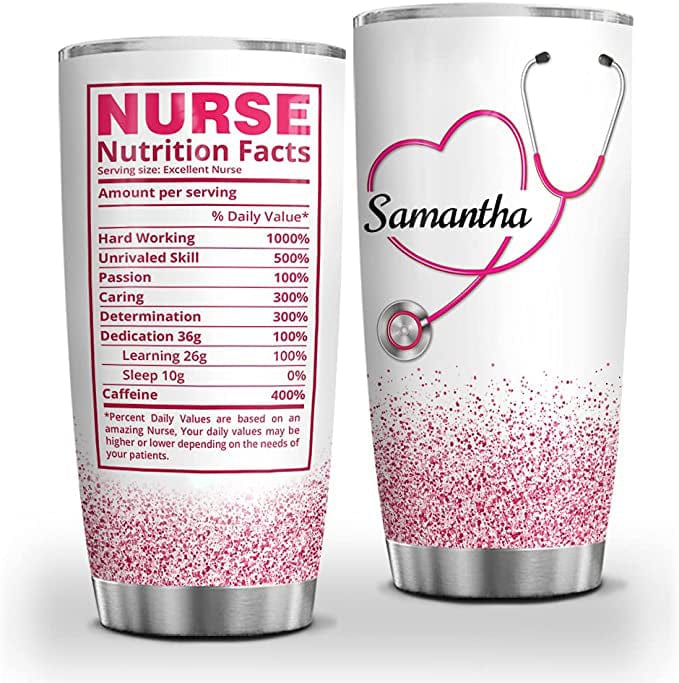 Vaso personalizado con información nutricional de enfermera