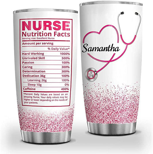 Vaso personalizado con información nutricional de enfermera