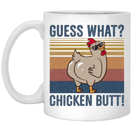 Taza divertida con trasero de pollo que dice "Adivina qué"