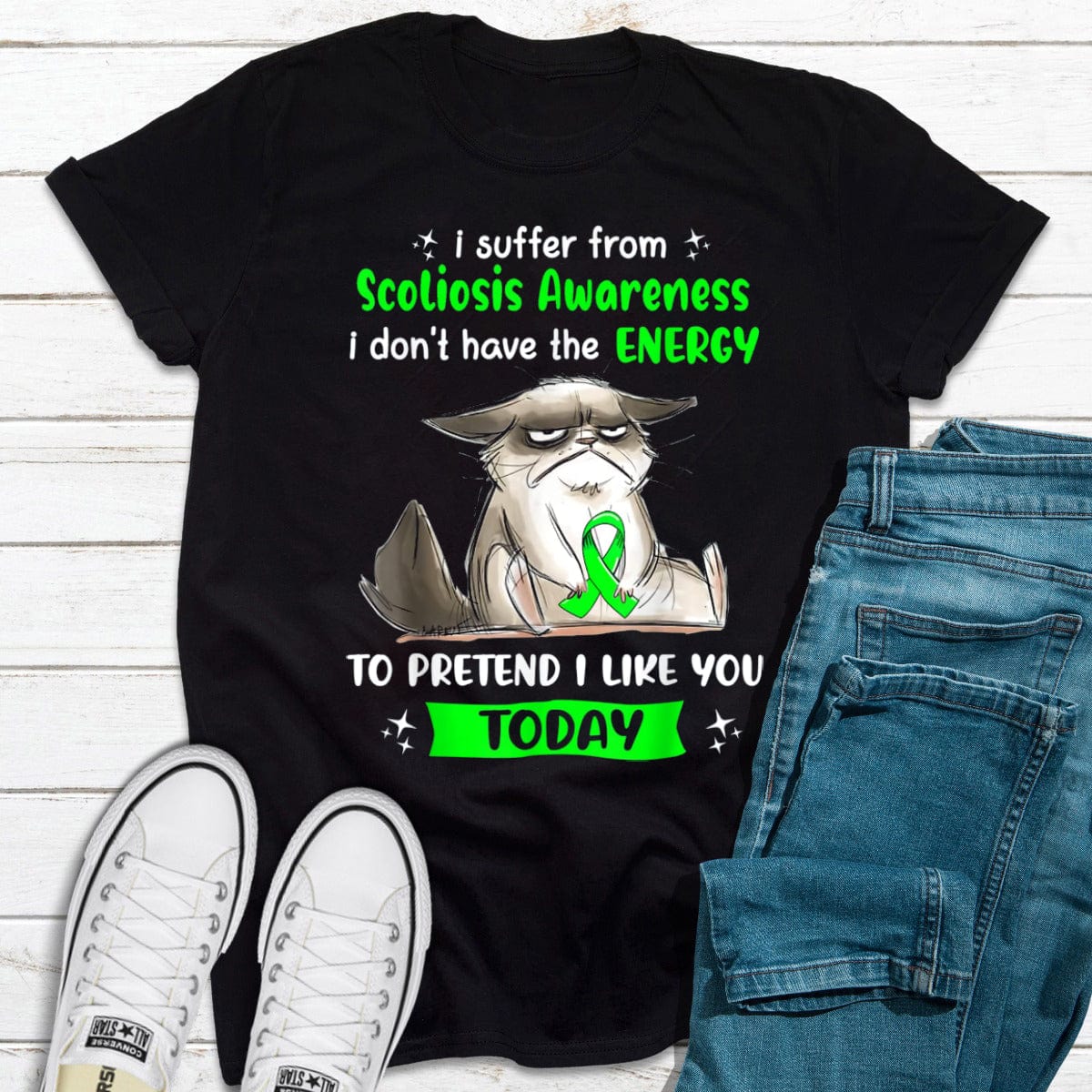 I Suffer From Scoliosis Awareness Funny Cat & Green Ribbon Shirt