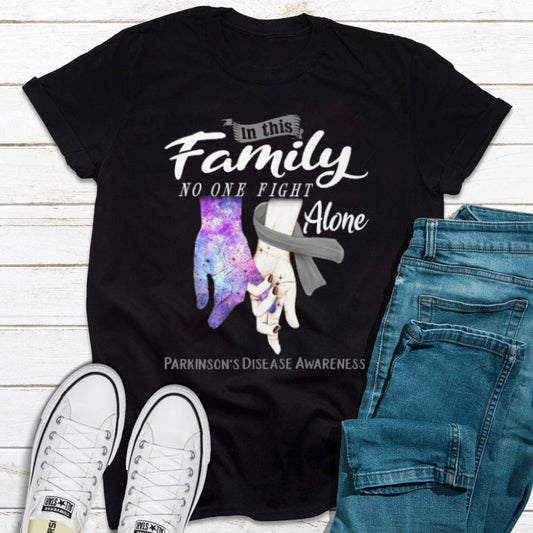In This Family No One Fights Alone Hand & Silver Ribbon Parkinson's Disease Awareness Shirt