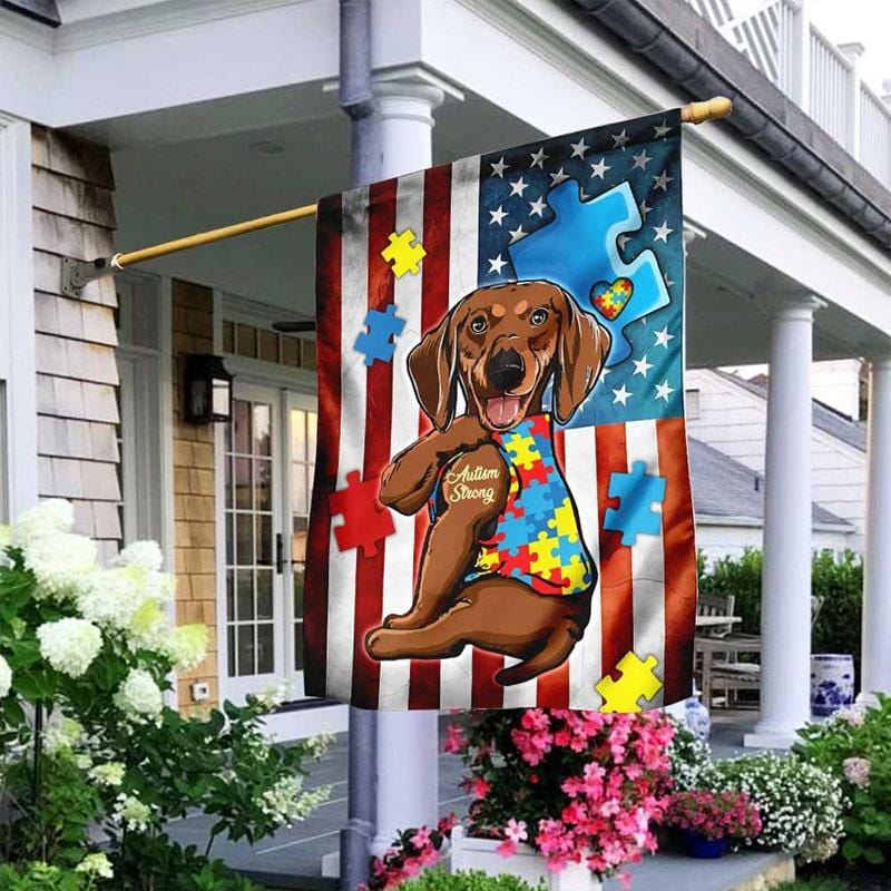 Autism Strong Dachshund Dog Flag, Puzzle Piece, Autism American Awareness Flag, House & Garden Flag