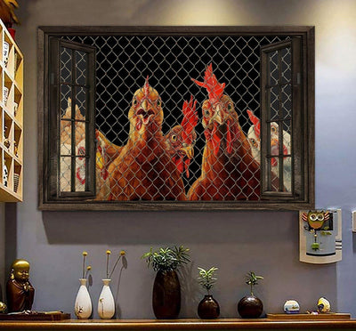 Farmer Hen Chickens On Window Poster, Canvas