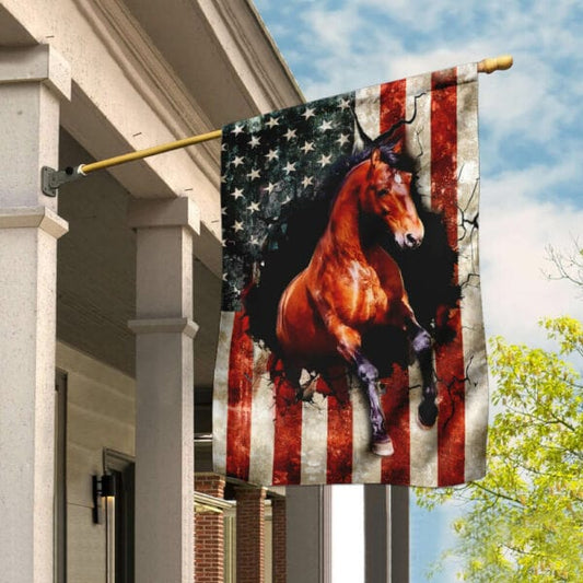 Bandera americana para casa y jardín con caballos