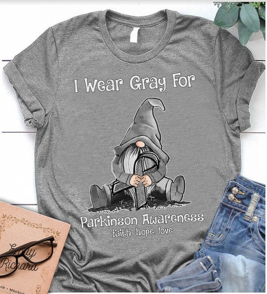 I Wear Gray For Parkinson Awareness Faith Hope Love Gnome Silver Ribbon Shirt