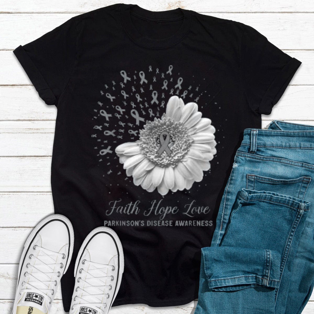 Faith Hope Love Daisy Silver Ribbon Parkinson's Disease Awareness Shirt