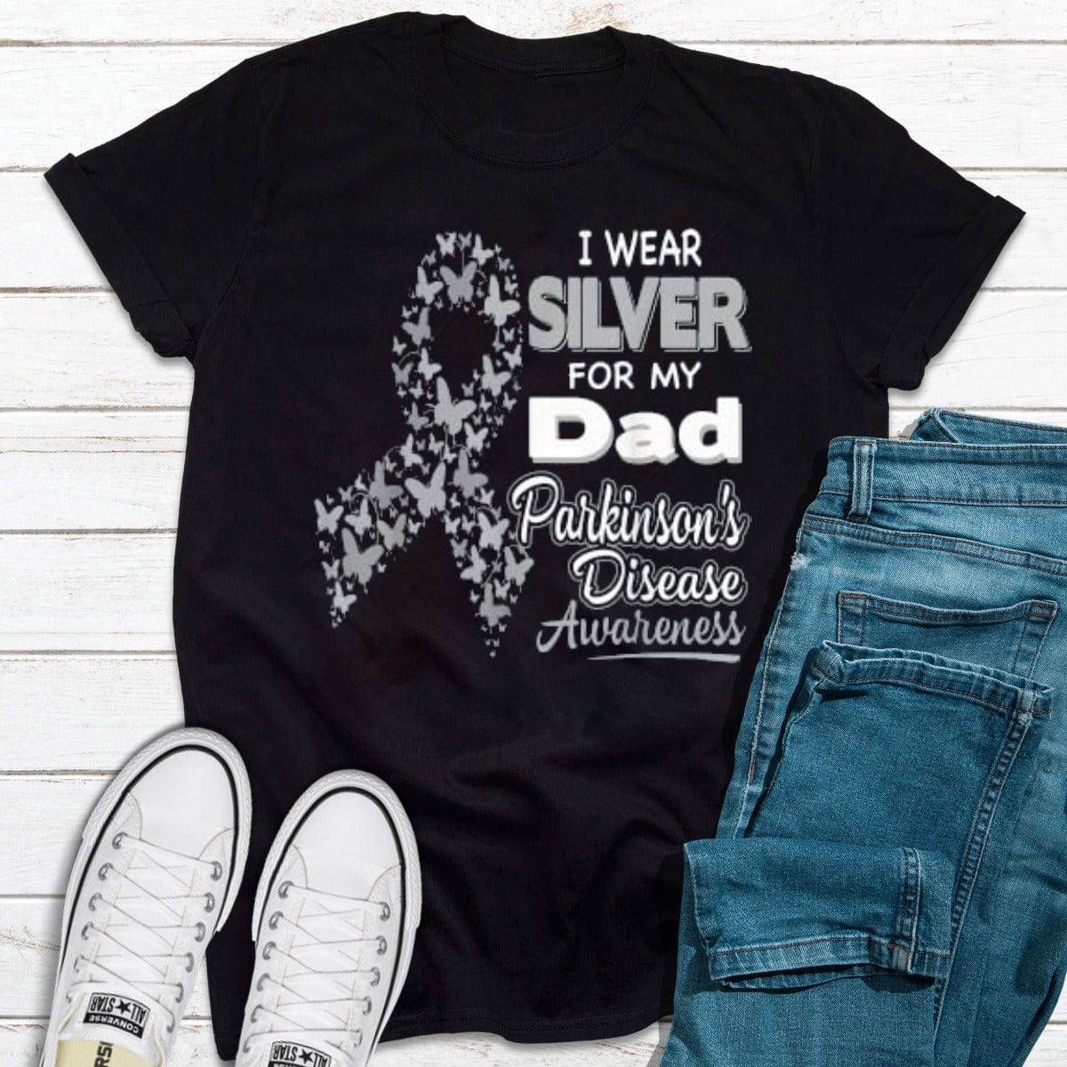 I Wear Silver For My Dad Silver Ribbon Parkinson's Disease Awareness Shirt