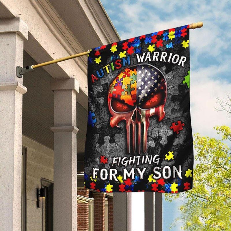 Autism Warrior Fighting For My Son, Puzzle Piece Skull, Autism American Awareness Flag, House & Garden Flag