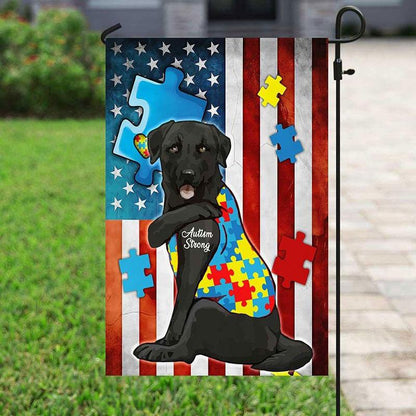 Bandera de perro labrador negro fuerte con autismo, pieza de rompecabezas, bandera estadounidense de concienciación sobre el autismo, bandera para casa y jardín