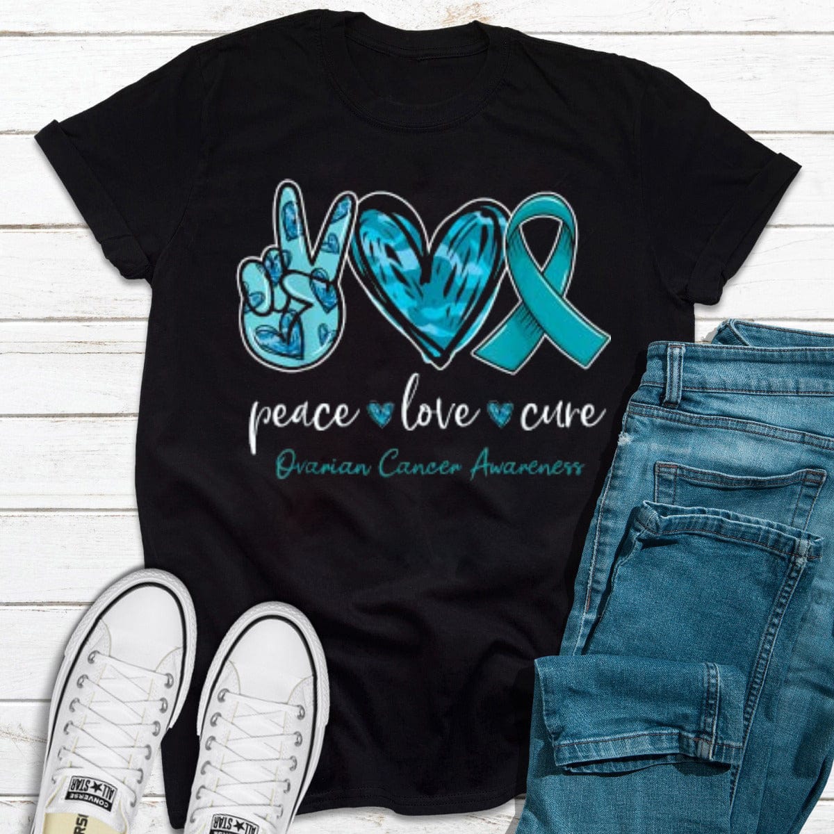 Peace Love Cure, Teal Ribbon Ovarian Cancer Awareness Shirt