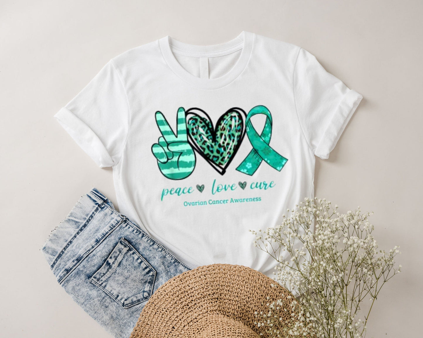 Peace Love Cure Teal Ribbon Ovarian Cancer Awareness Shirt