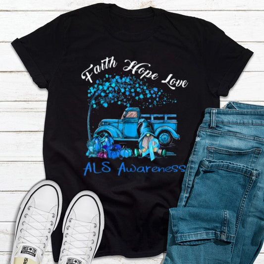 Faith Hope Love Car & Gnome With Teal Ribbon ALS Awareness Shirt