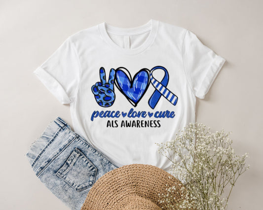 Peace Love Cure Blue & White Ribbon ALS Awareness Shirt