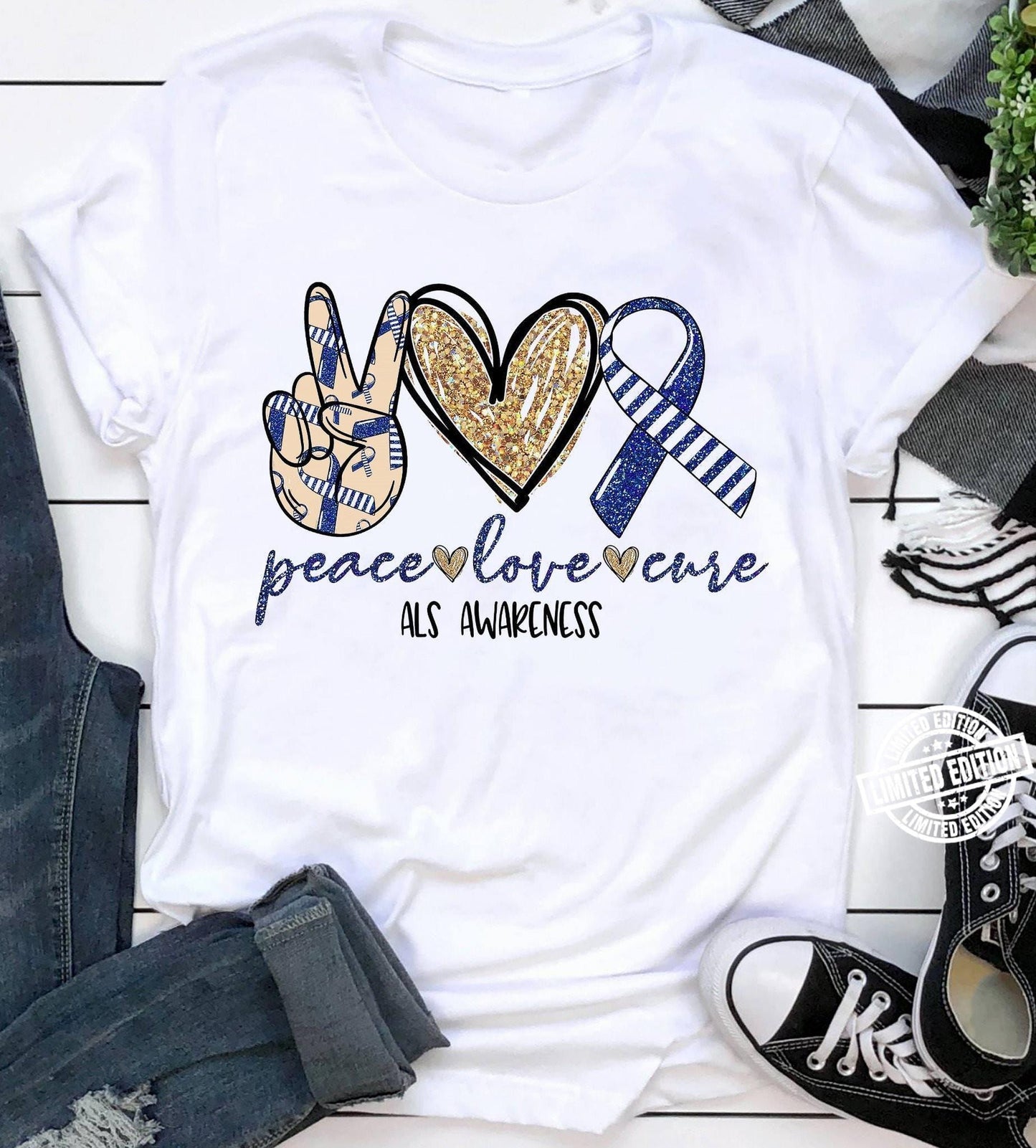 Peace Love Cure, Blue & White Ribbon ALS Awareness Shirt
