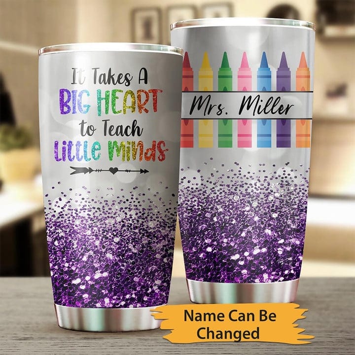 Personalized It Takes A Big Heart To Shape Little Minds Purple Glitter Teacher Tumbler
