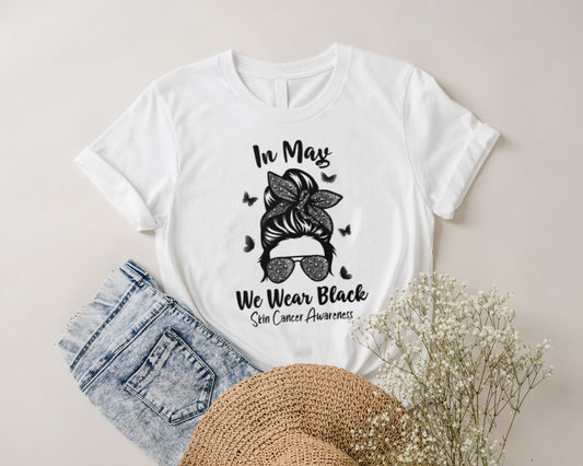 In May We Wear Black Melanoma Skin Cancer Awareness Messy Bun Leopard Shirt