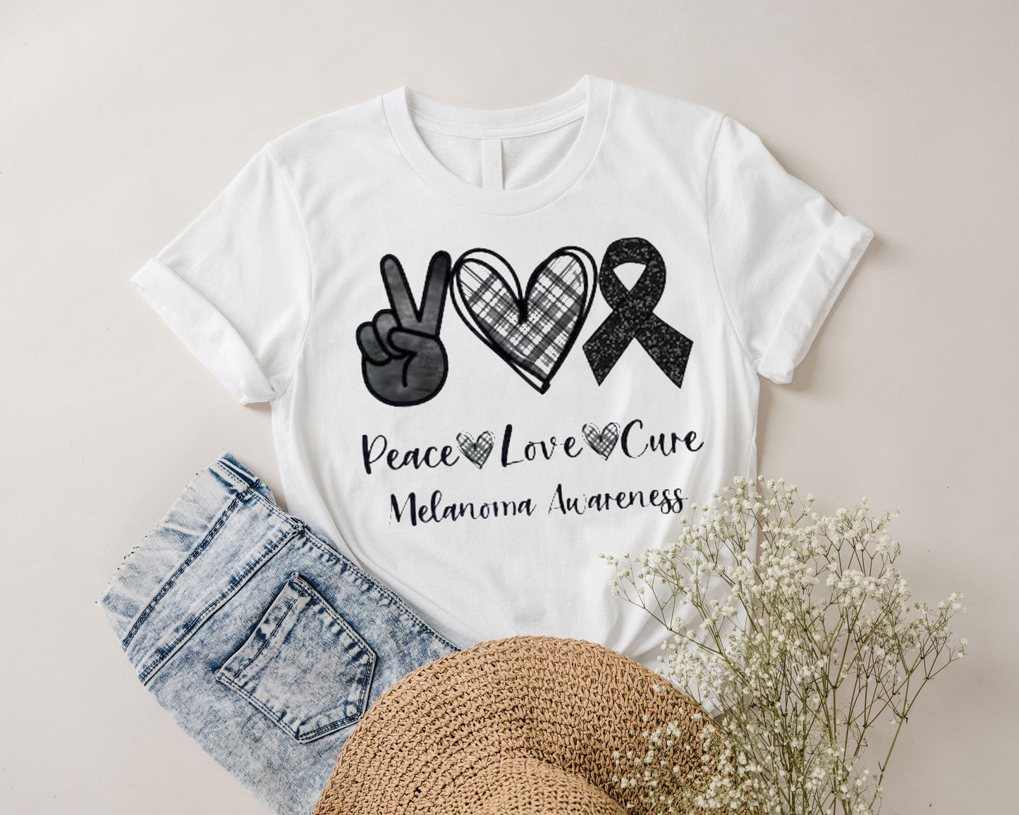 Peace Love Cure, Black Ribbon, Melanoma Awareness Shirt