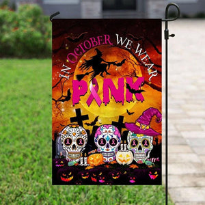 In October We Wear Pink, Halloween Skull, Breast Cancer Awareness Flag, House & Garden Flag