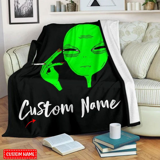 Manta de vellón y sherpa con diseño de extraterrestre fumador personalizada