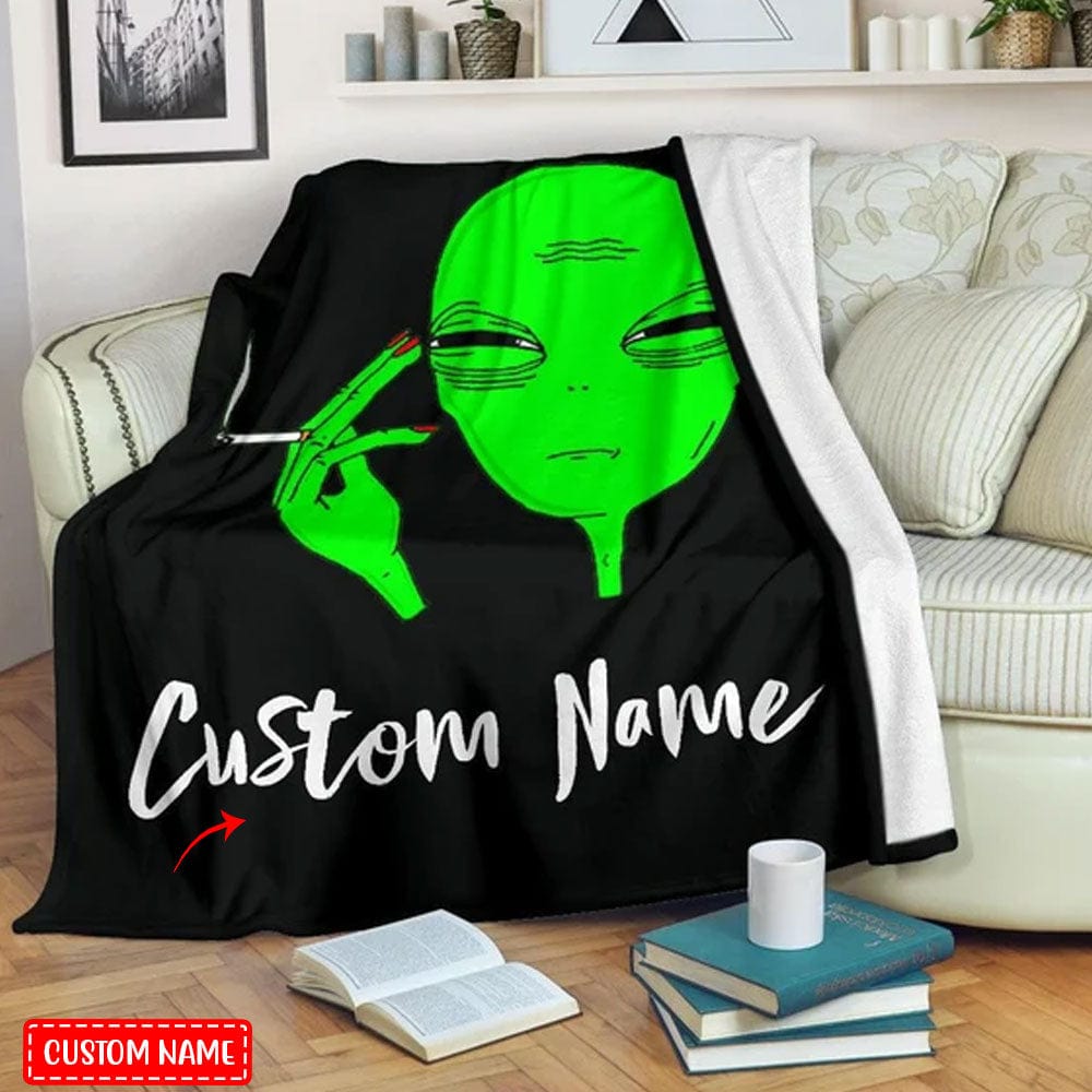 Personalized Smoking Alien Fleece & Sherpa Blanket