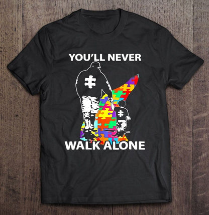 Camiseta de concienciación sobre el autismo "Nunca caminarás solo", padre e hijo