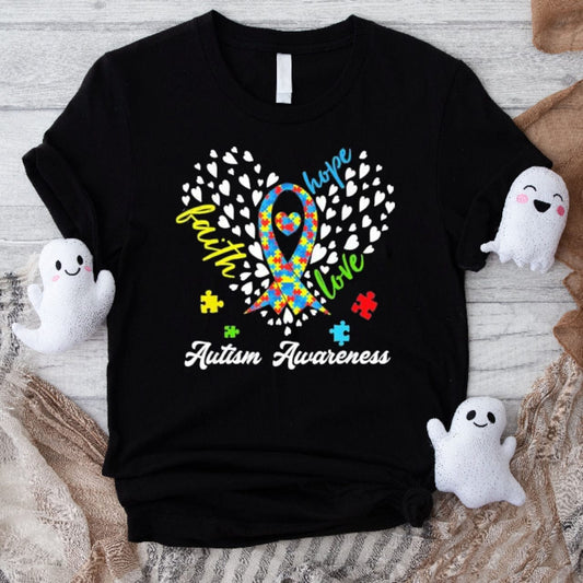 Autism Awareness Faith Hope Love Autism Heart Ribbon Puzzle Shirt
