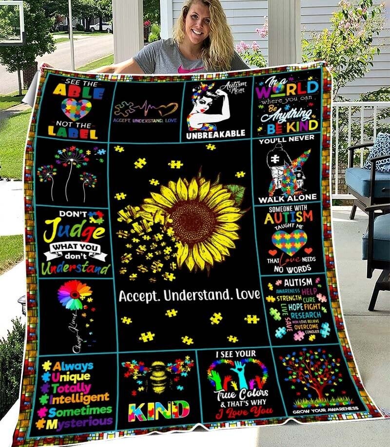 Accept Understand Love Sunflower Autism Awareness Fleece & Sherpa Blanket