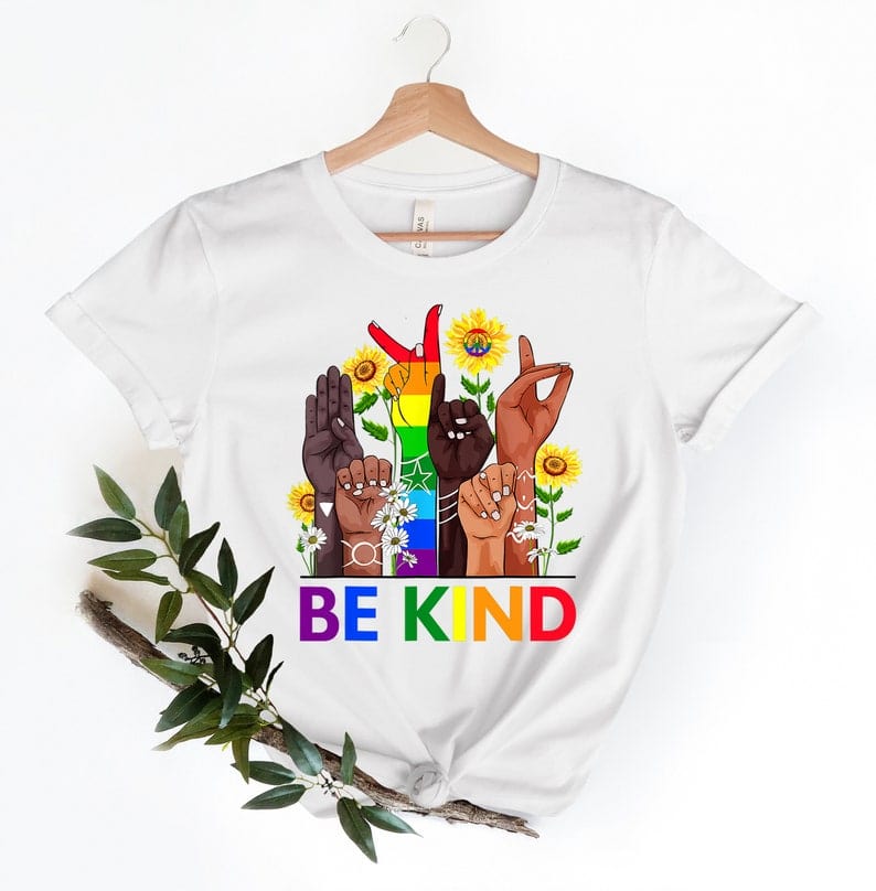Camiseta LGBT del orgullo gay del arco iris en lenguaje de señas "Sé amable"